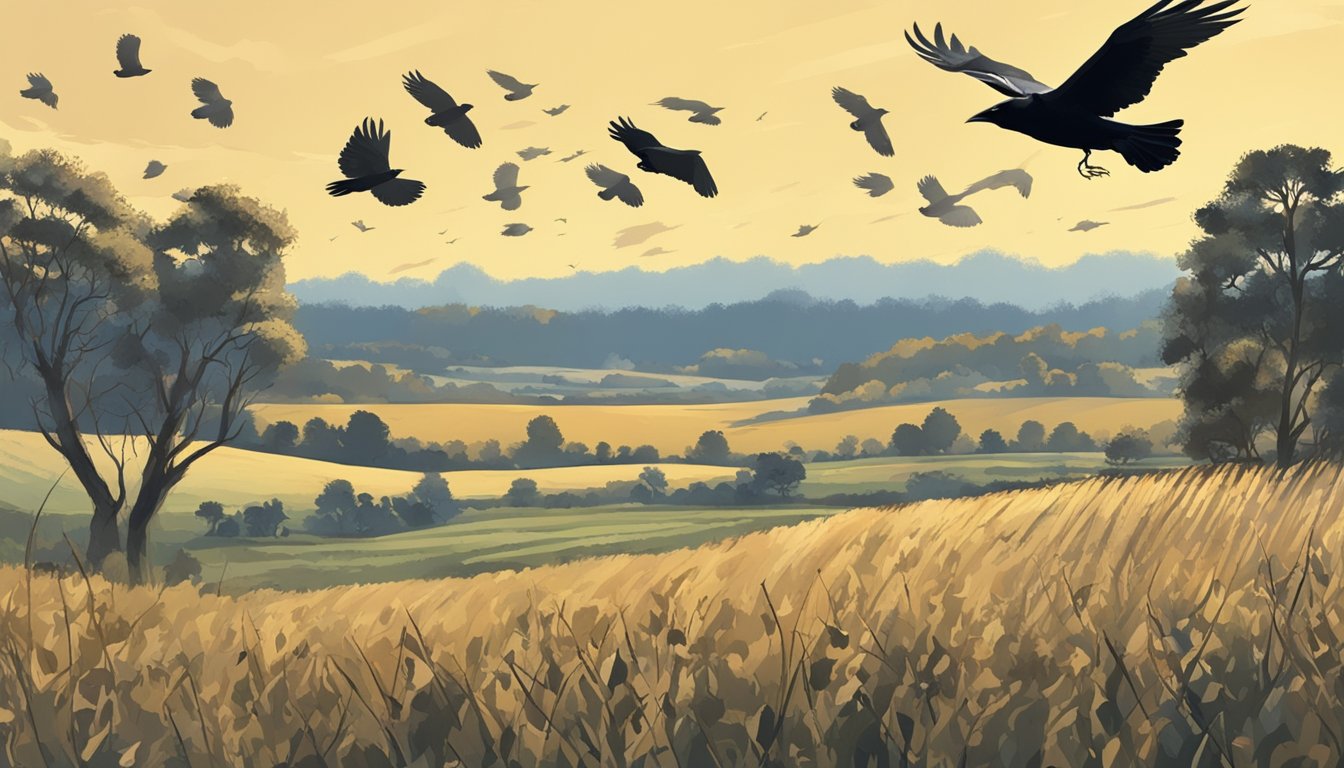 A clear, sunny day in a rural field, with a few scattered clouds in the sky. A group of crows flying overhead, with a hunter in camouflage aiming a shotgun