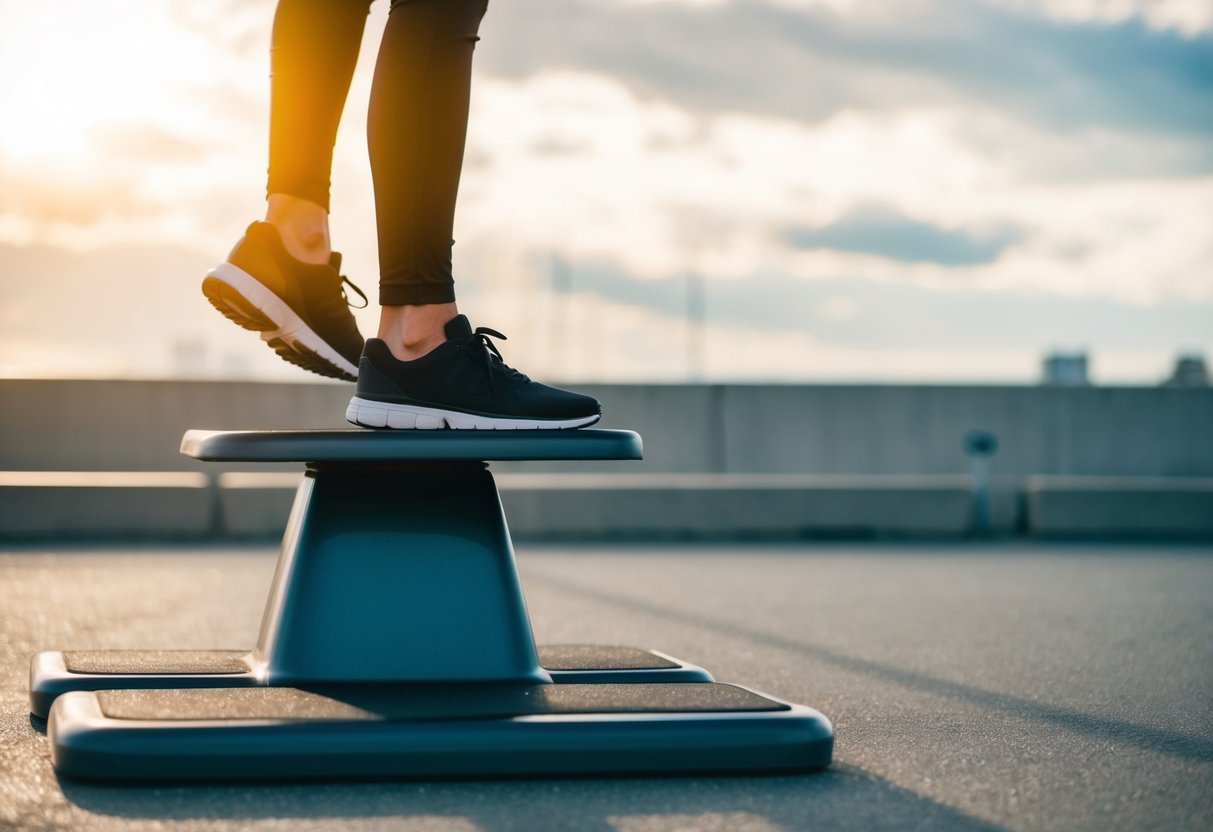 A person is stepping up onto a sturdy platform, with one foot placed firmly on the surface while the other foot is lifted off the ground. The exercise is being performed with a straight posture and engaged core muscles