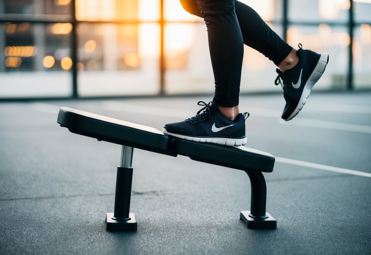 A person is standing in front of a step-up bench, with one foot on the bench and the other on the ground, performing the exercise