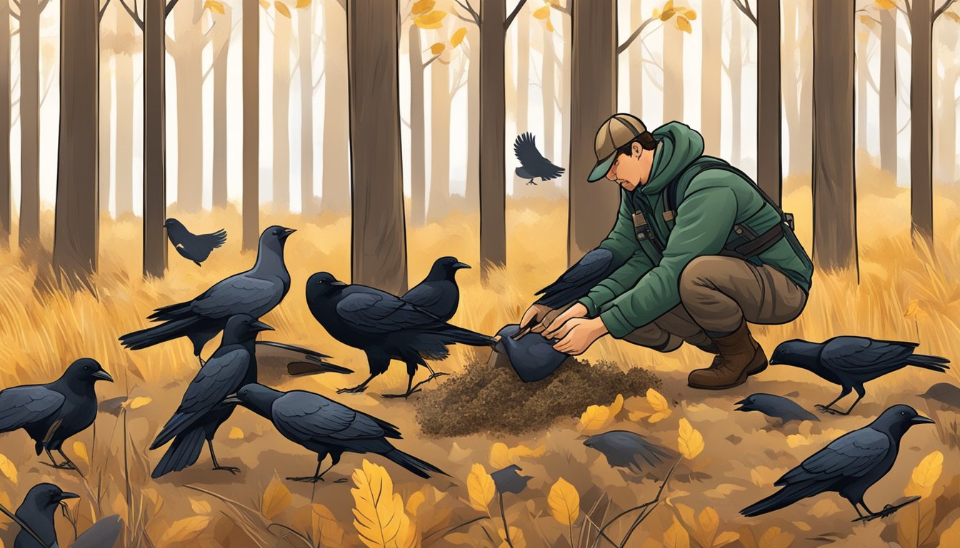 A hunter cleans harvested crops, setting up decoys for crow hunting in clear, sunny weather