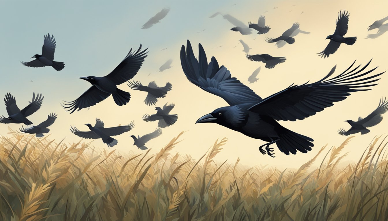 A group of crows flying low over a field on a clear, crisp morning, with a hunter hidden in the brush, ready to take aim