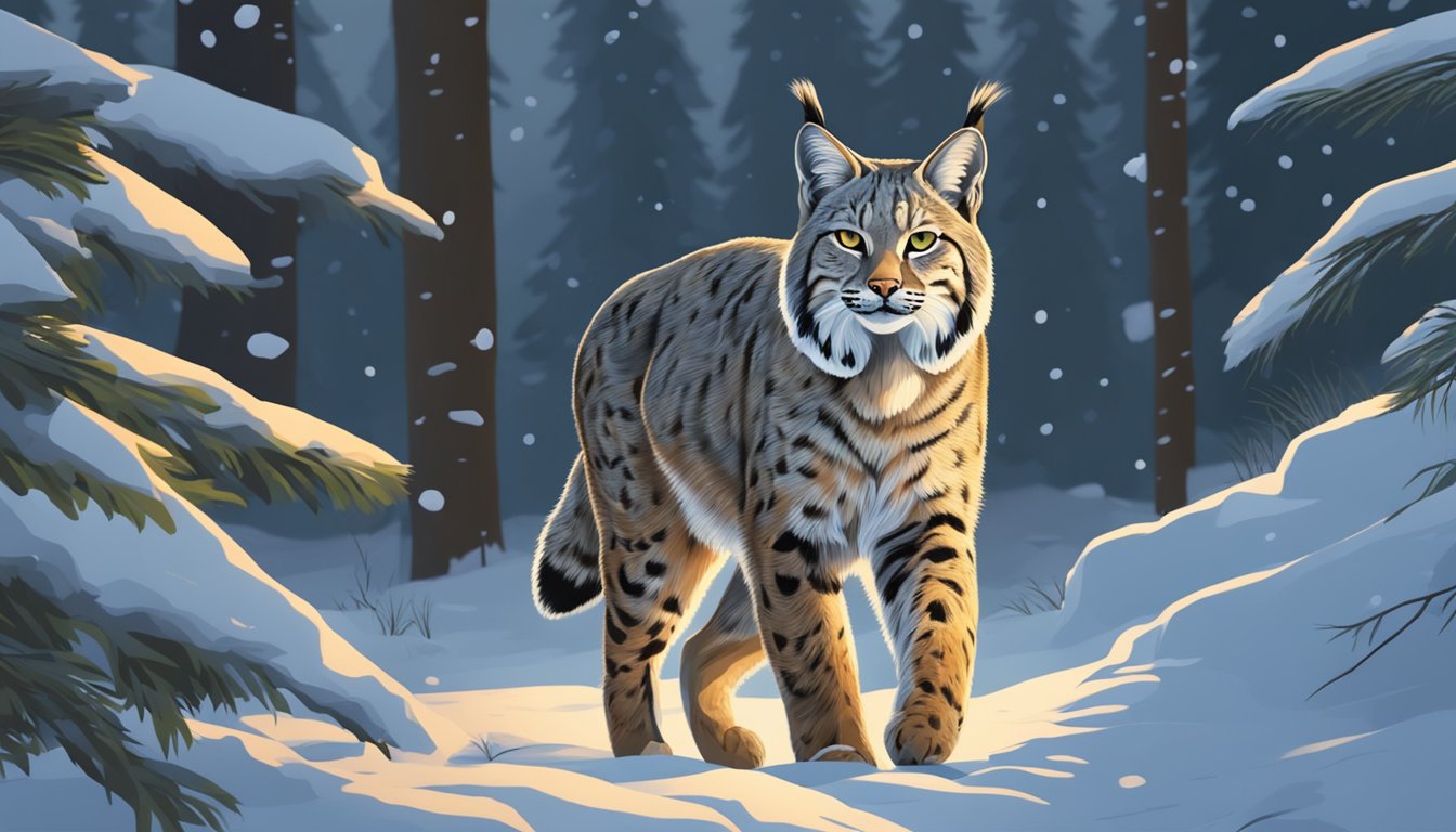 A bobcat prowls through a snowy forest at dusk, its keen eyes scanning for prey in the fading light