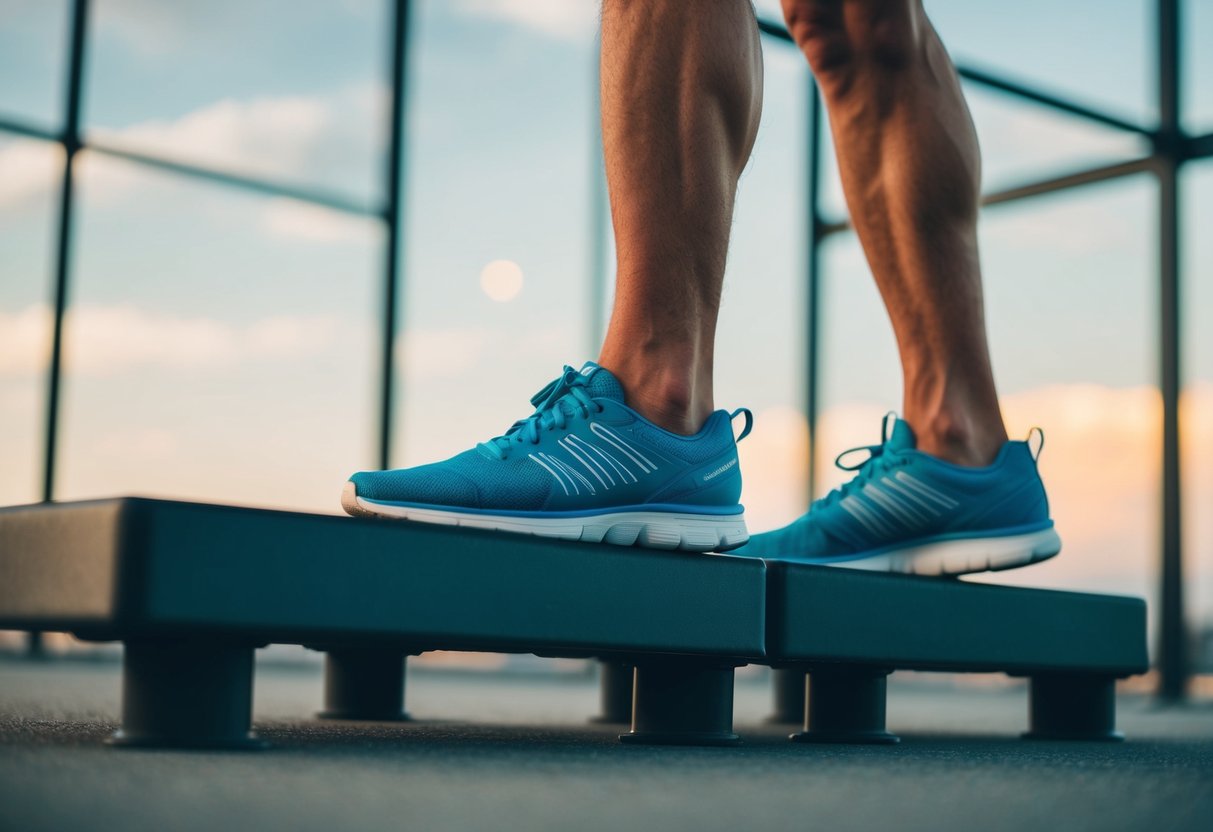 A person's feet are shown stepping up onto a sturdy platform, with the focus on the lower body muscles being engaged during the exercise