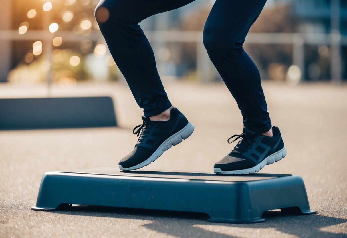 A person performing step-up exercises on a sturdy platform, with one foot stepping up and down while the other foot remains on the ground