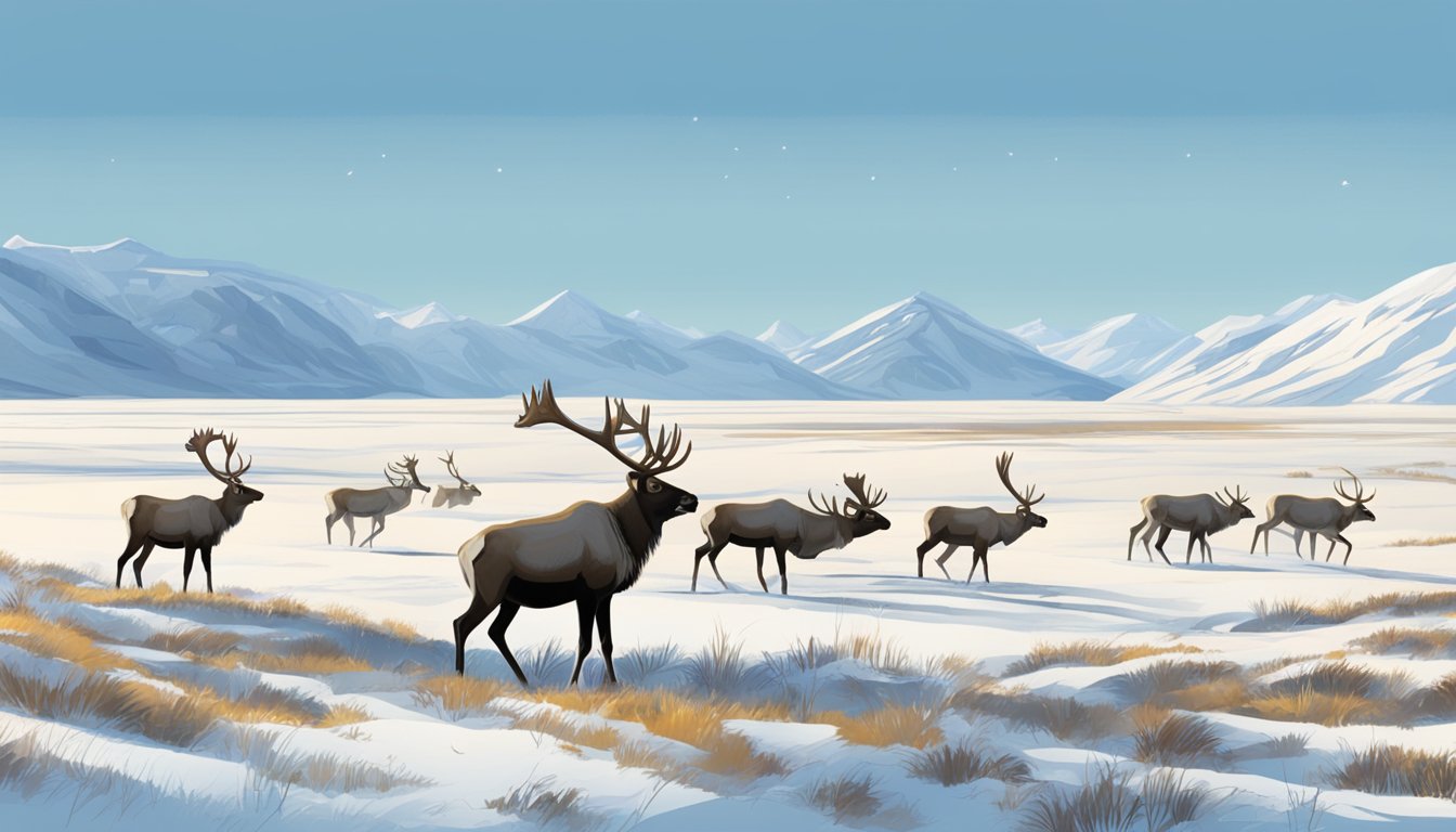 A group of caribou grazing in a snowy, open tundra under a clear, blue sky