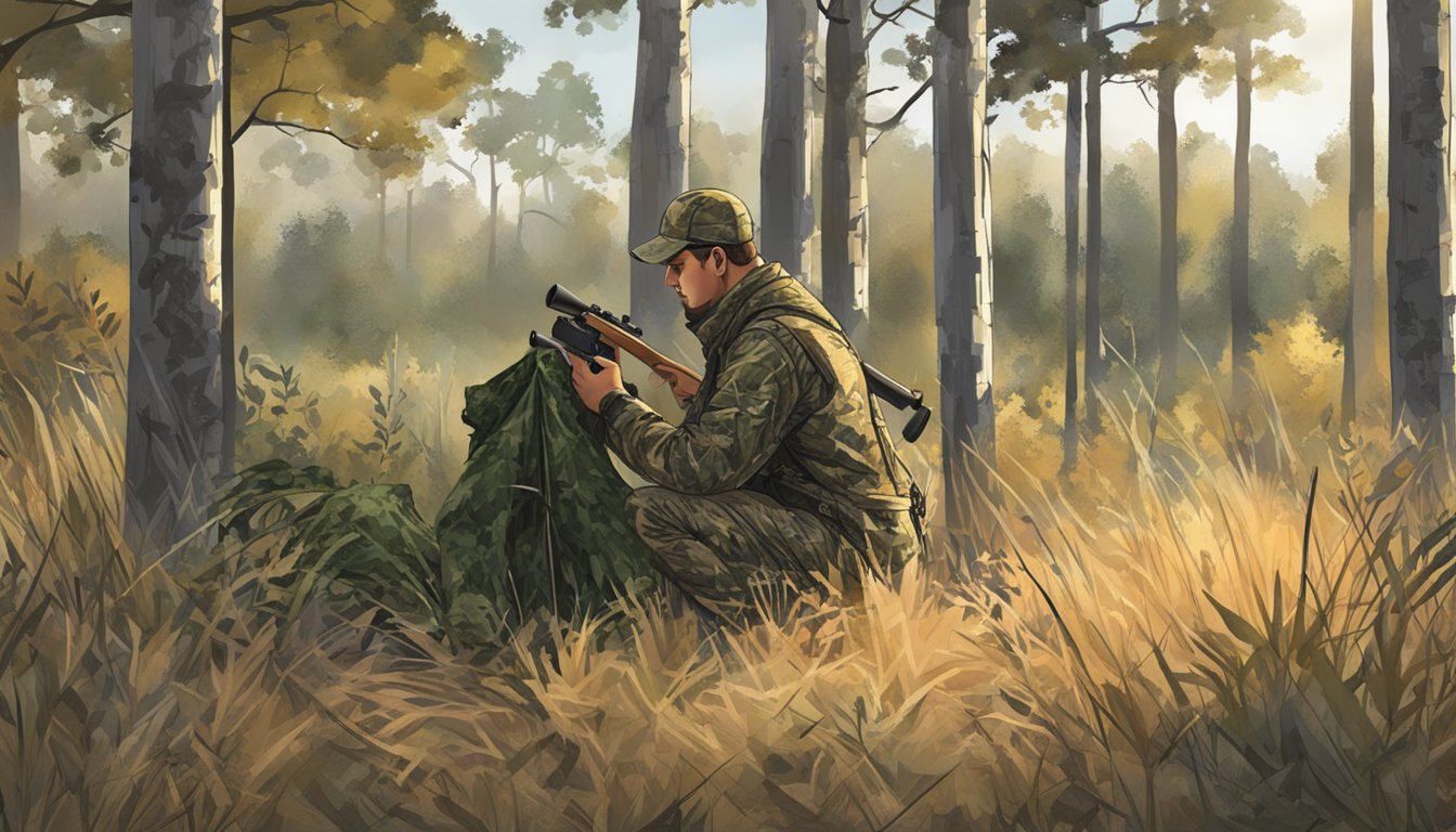 A hunter setting up a camouflaged blind in the early morning, surrounded by dense brush and with a clear view of a wooded area