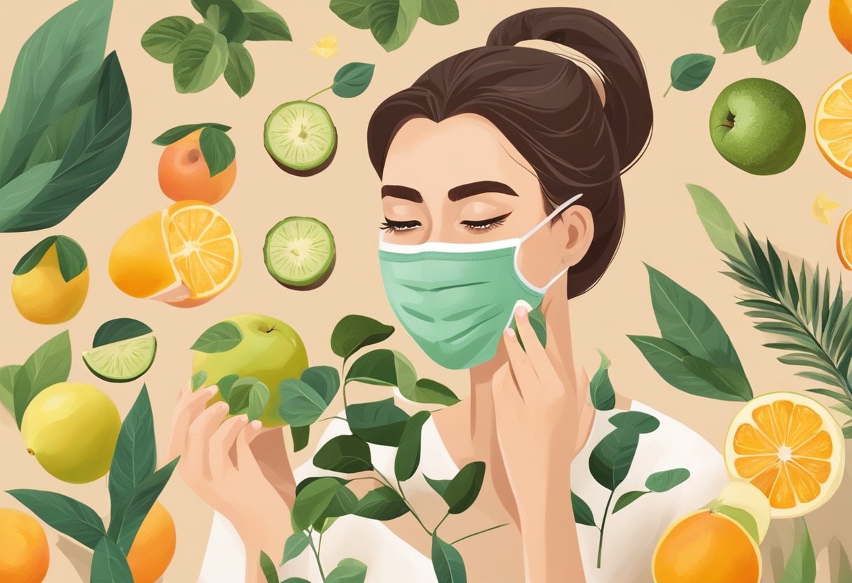 Une femme applique un masque facial naturel entourée de fruits frais et de plantes sur une table en bois.