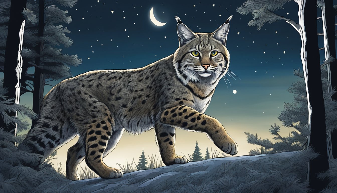 A moonlit forest clearing with a bobcat stealthily stalking its prey under a starry sky