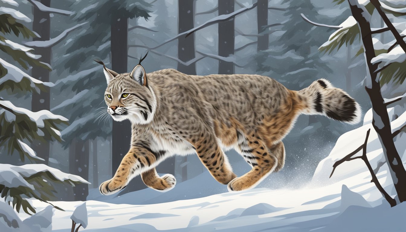 A bobcat stalking through a snowy forest, its sharp eyes focused on its prey