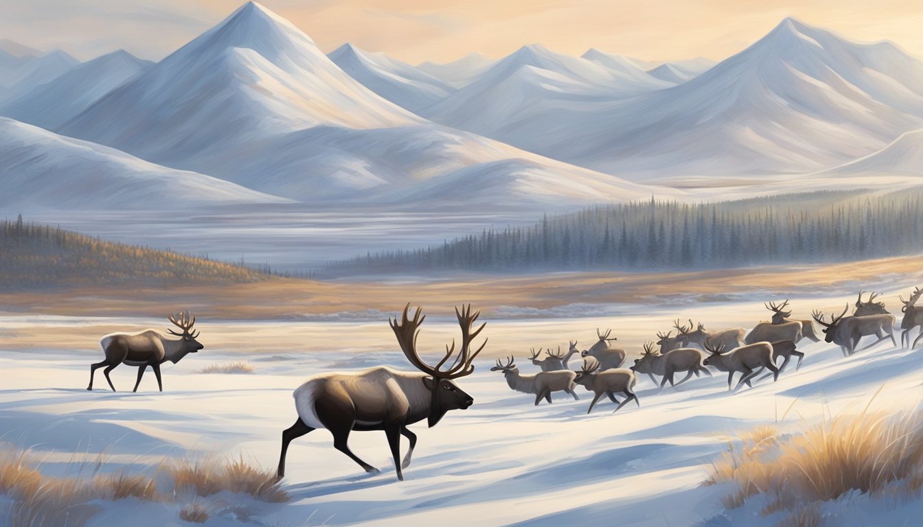 A snowy landscape with a group of caribou moving across the open tundra, while a hunter waits in a hidden spot, ready to take aim