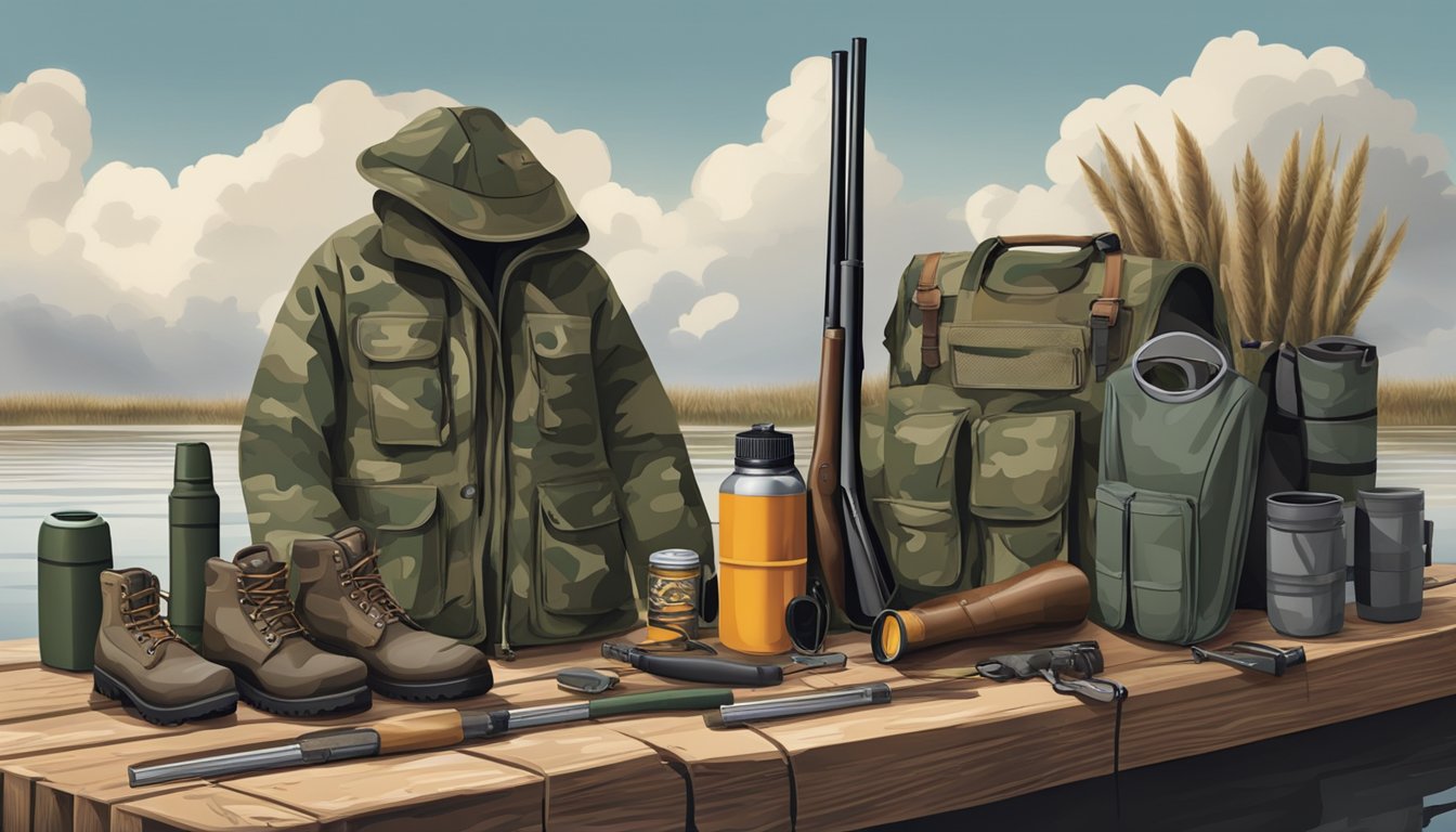 A hunter's gear laid out on a wooden dock, with a camouflage jacket, waders, a shotgun, decoys, and a thermos, under a cloudy sky