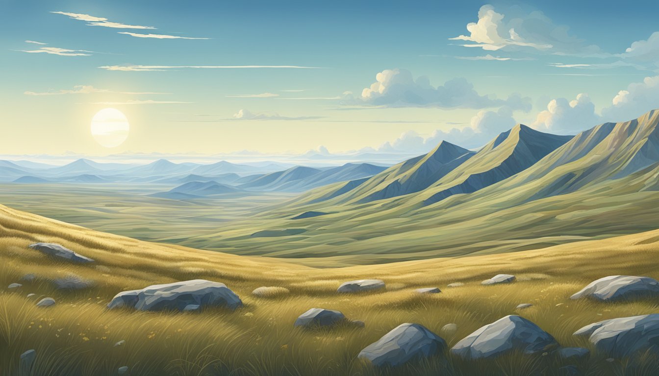 A vast expanse of tundra, with rolling hills and sparse vegetation, under a clear blue sky with a few scattered clouds