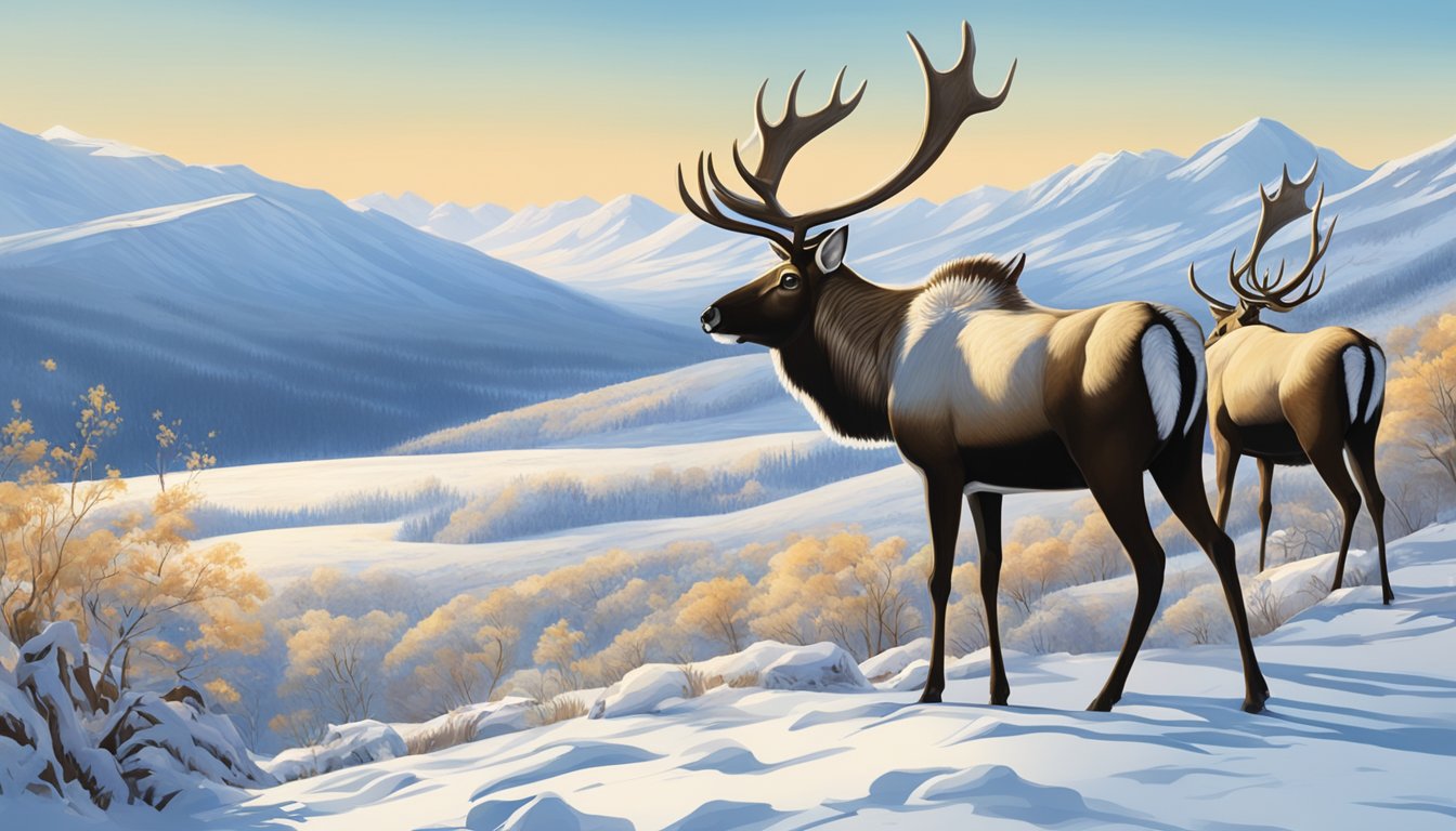 A snowy landscape with a group of caribou grazing peacefully under a clear, blue sky