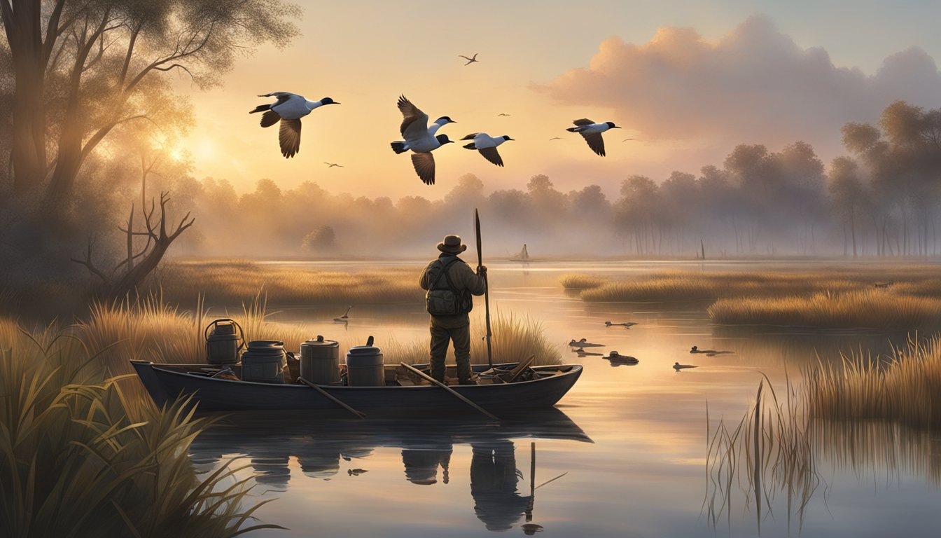 A serene marshland at sunrise, with ducks in flight and hunters preparing their gear