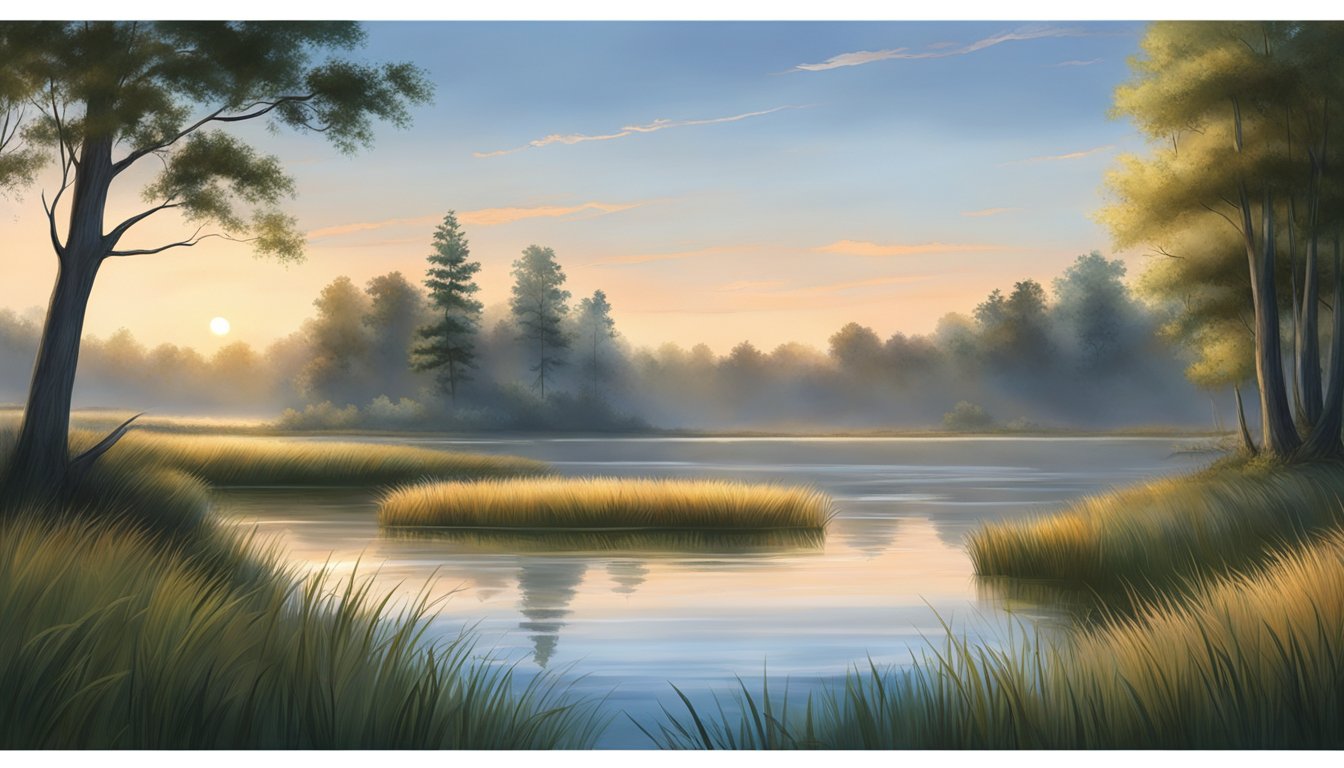 A serene lake at dawn, surrounded by tall grass and trees, with a clear sky and a gentle breeze, perfect for duck hunting