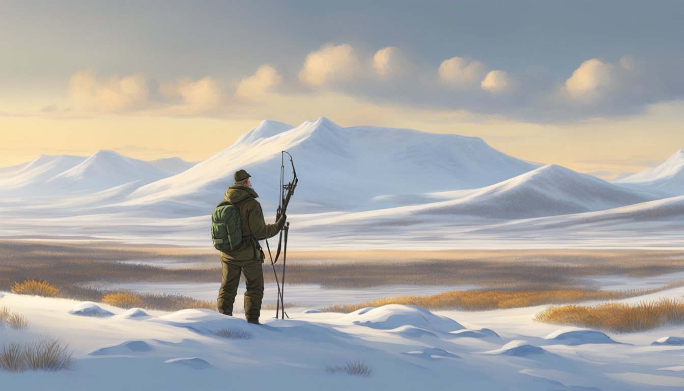 A hunter surveys the snowy tundra, tracking caribou in the crisp, clear weather of a post-hunt day