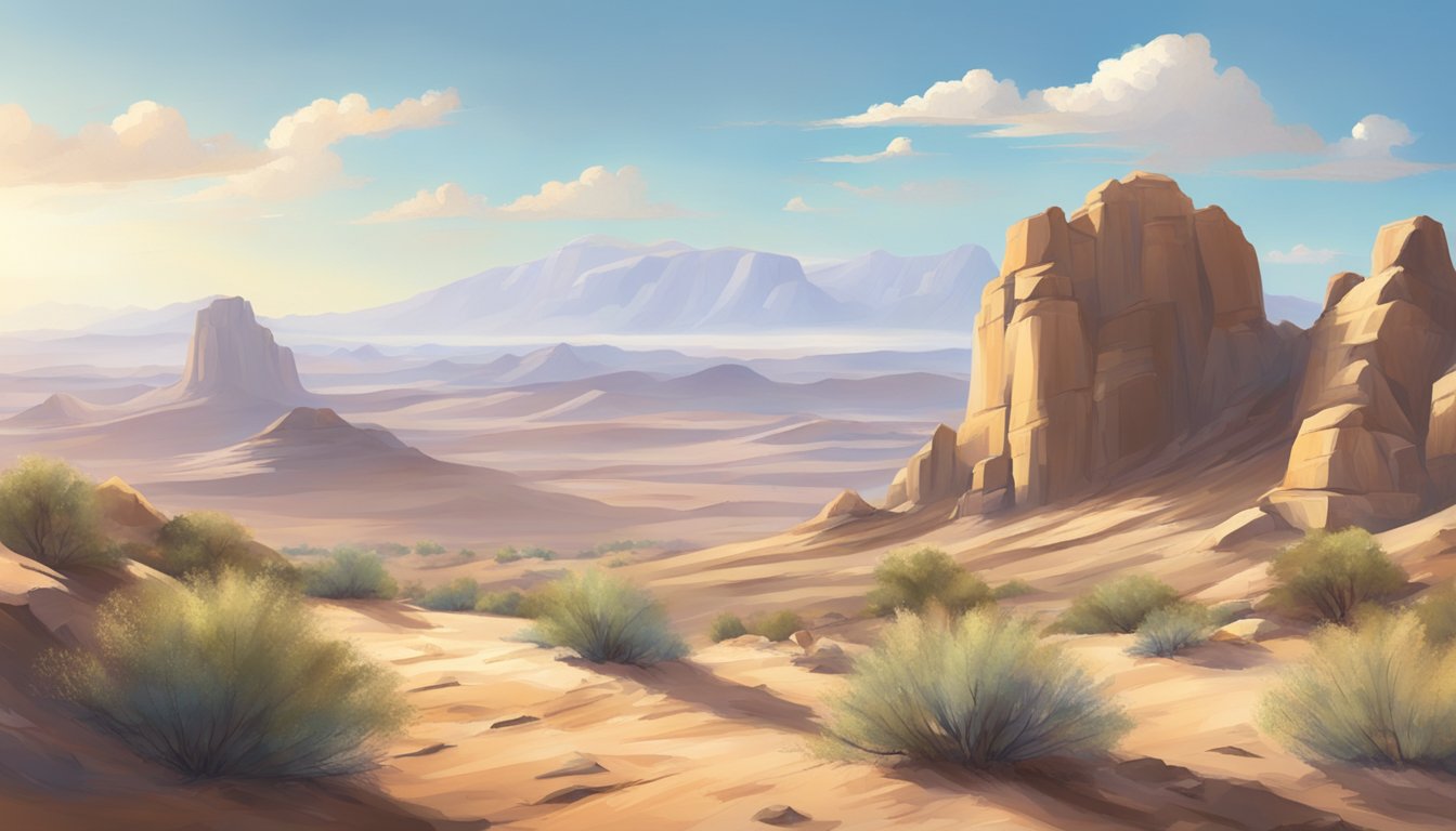 A clear, sunny day in the rugged, rocky terrain of the desert with a gentle breeze and a few scattered clouds in the sky