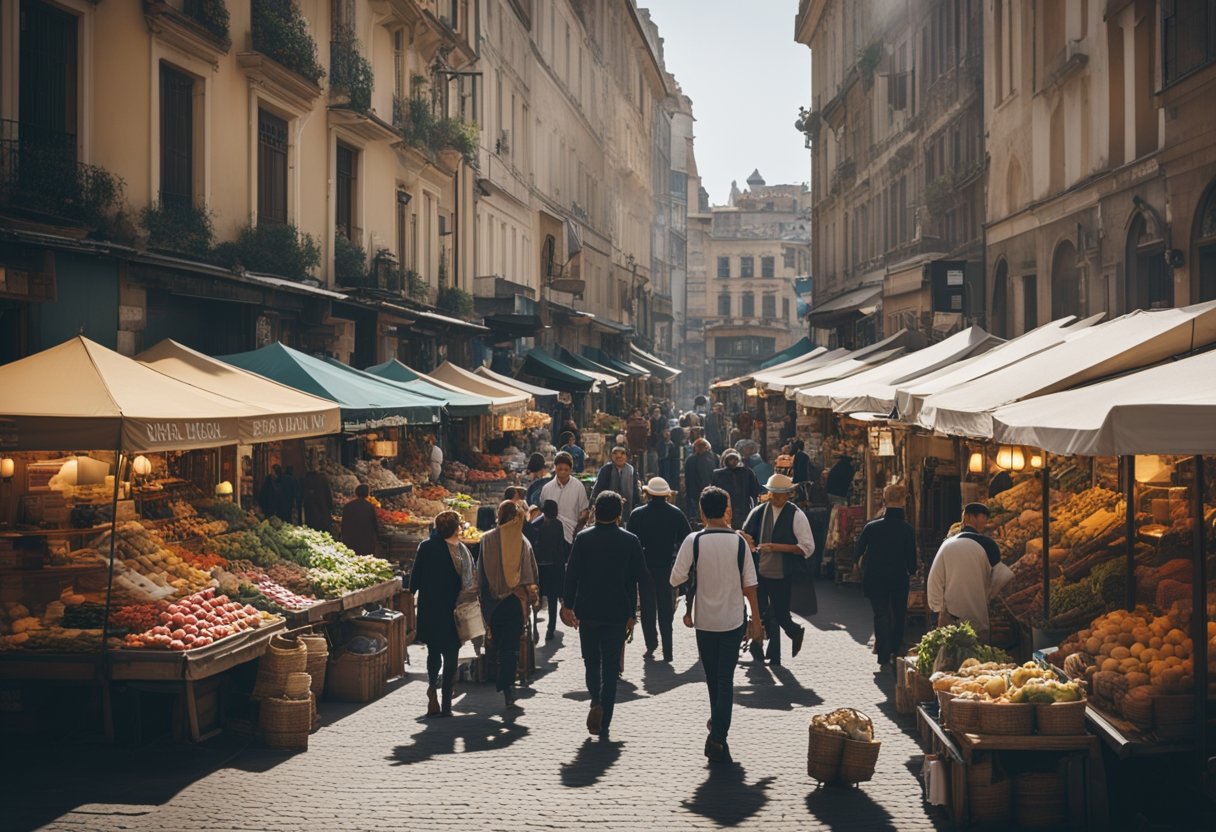 A bustling market with diverse stalls and a mix of modern and historic buildings, surrounded by a variety of businesses and public spaces