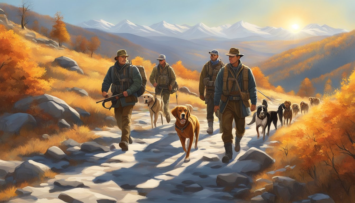 A group of hunters and their hunting dogs trekking through rocky, hilly terrain on a clear, crisp autumn day, with the sun shining brightly overhead