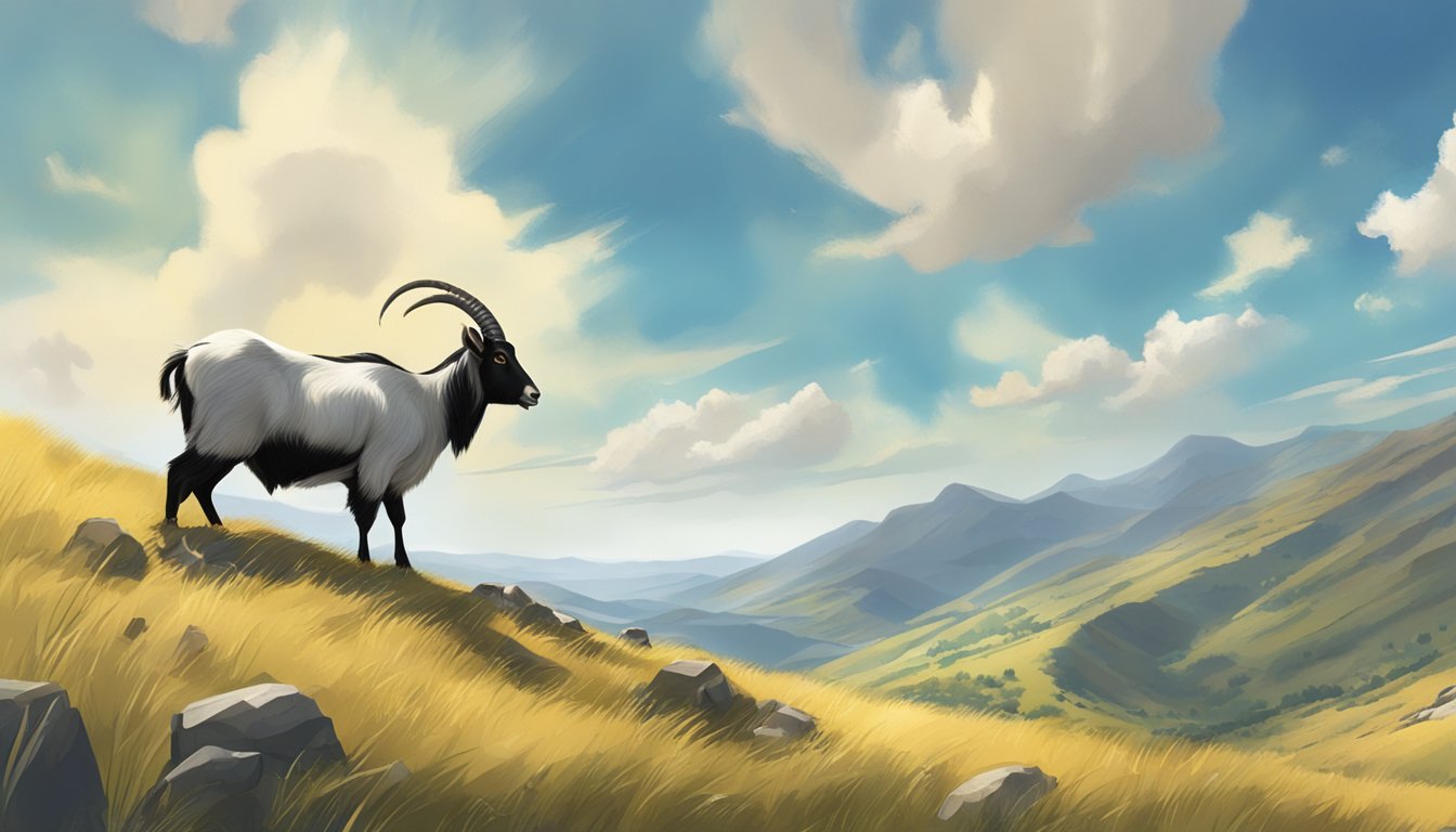 Feral goats grazing on a hillside under a clear, sunny sky with scattered clouds