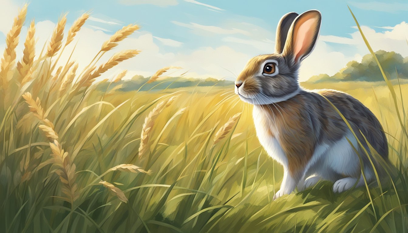 A sunny, breezy day in a grassy field with a few scattered bushes. A cottontail rabbit hops among the tall grass, its ears perked up