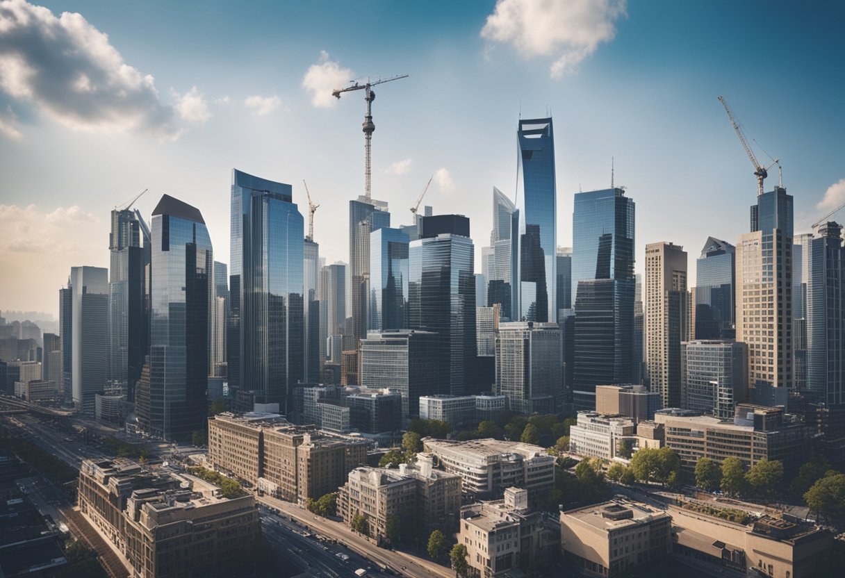 A bustling city skyline with various commercial buildings and construction sites, surrounded by financial charts and graphs