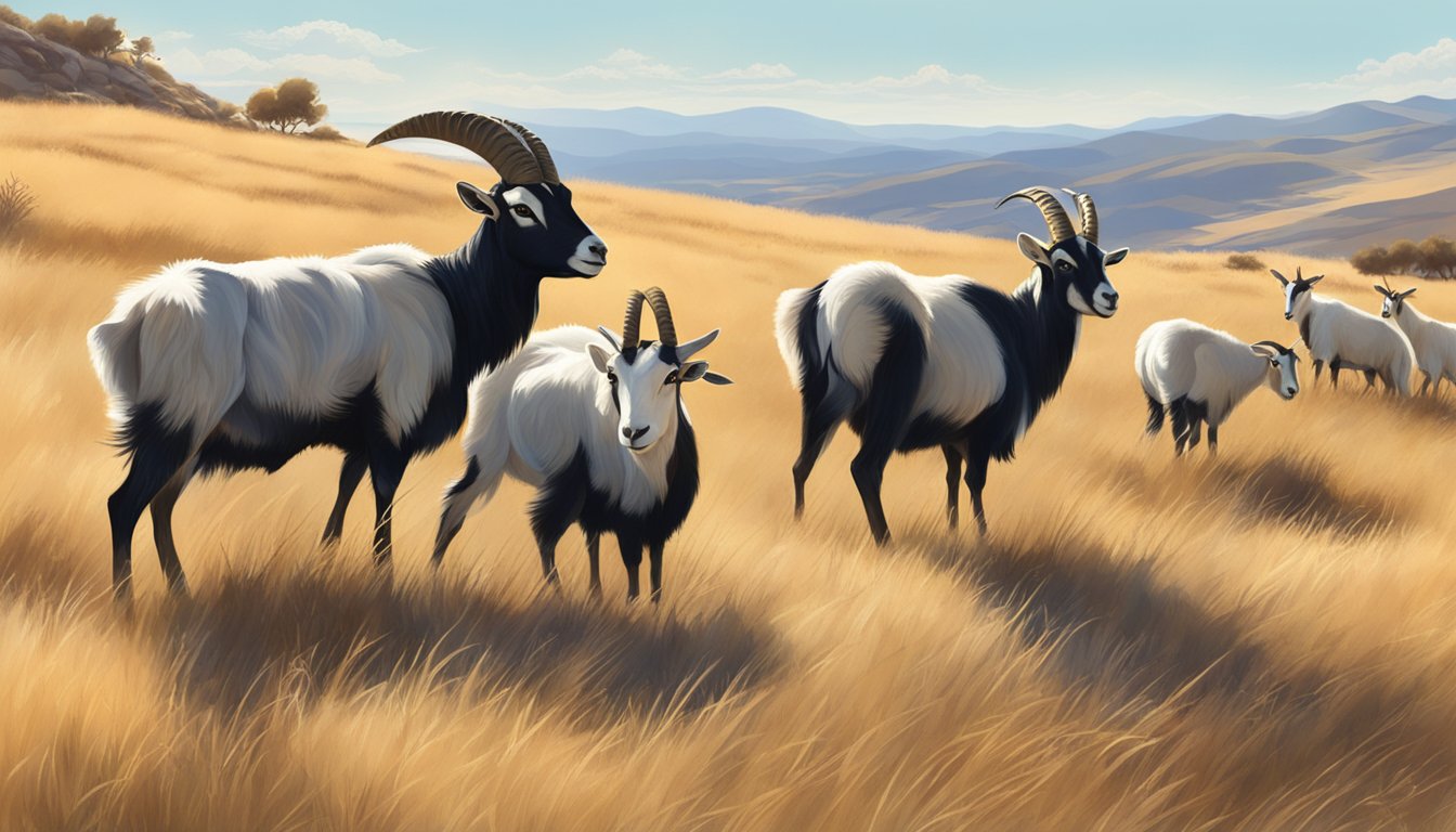 A group of feral goats graze on a sun-drenched hillside, surrounded by dry, golden grass. The sky is clear and the air is warm, perfect for a pre-hunt preparation