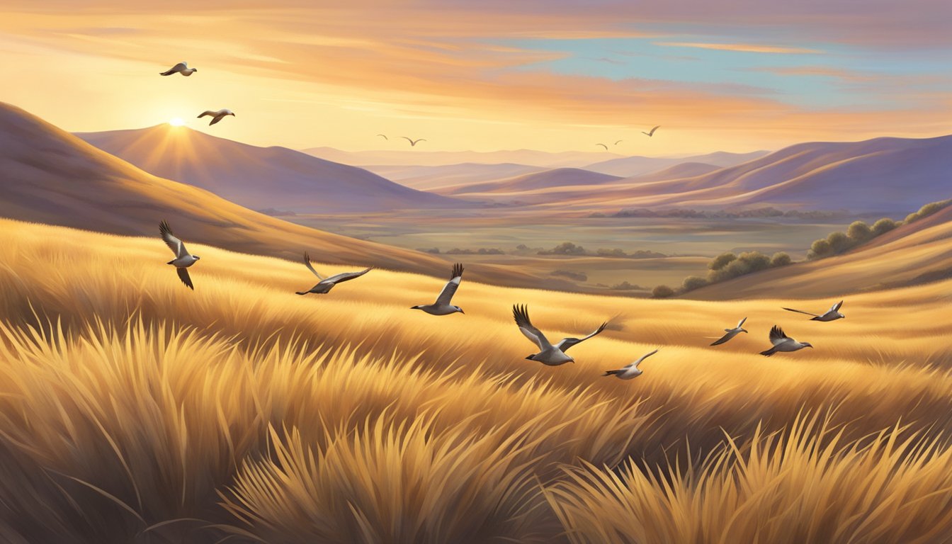 Sunrise over rolling hills, golden grasses swaying in a gentle breeze. A group of chukar birds take flight, their calls echoing through the crisp morning air