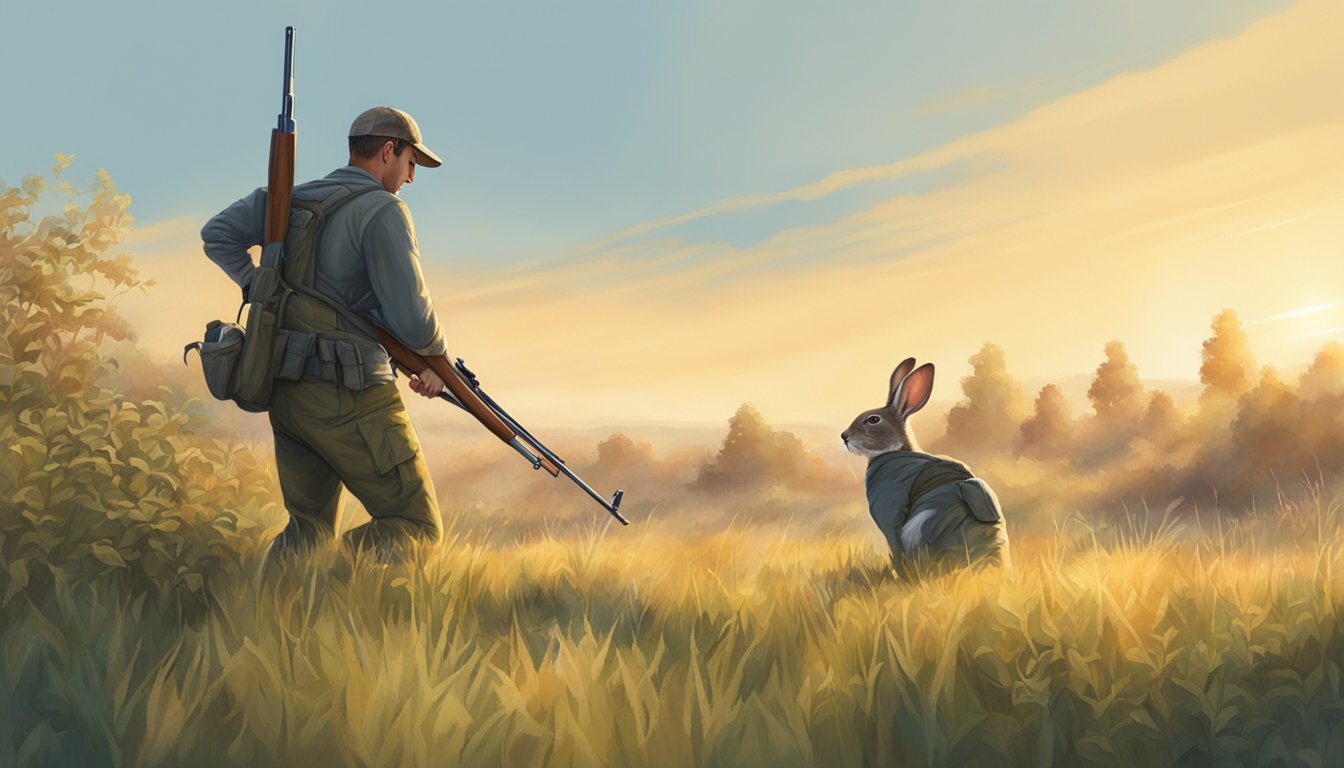 A sunny morning in a grassy field, with scattered shrubs and bushes. A cottontail rabbit darts between cover, as a hunter waits with a shotgun