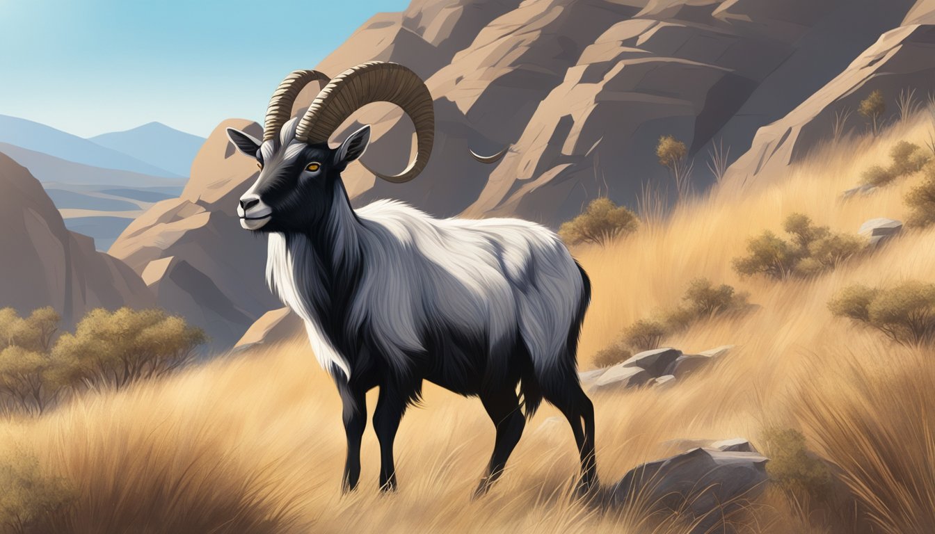 A lone feral goat stands on a rocky, sunlit hillside, surrounded by dry grass and scrub. The sky is clear and the sun is low in the late afternoon