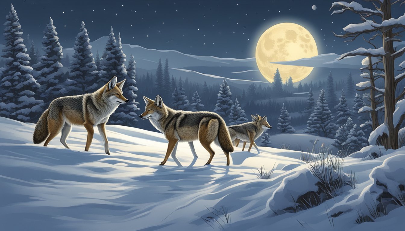 Coyotes roam a moonlit, snow-covered landscape, sniffing the air for prey