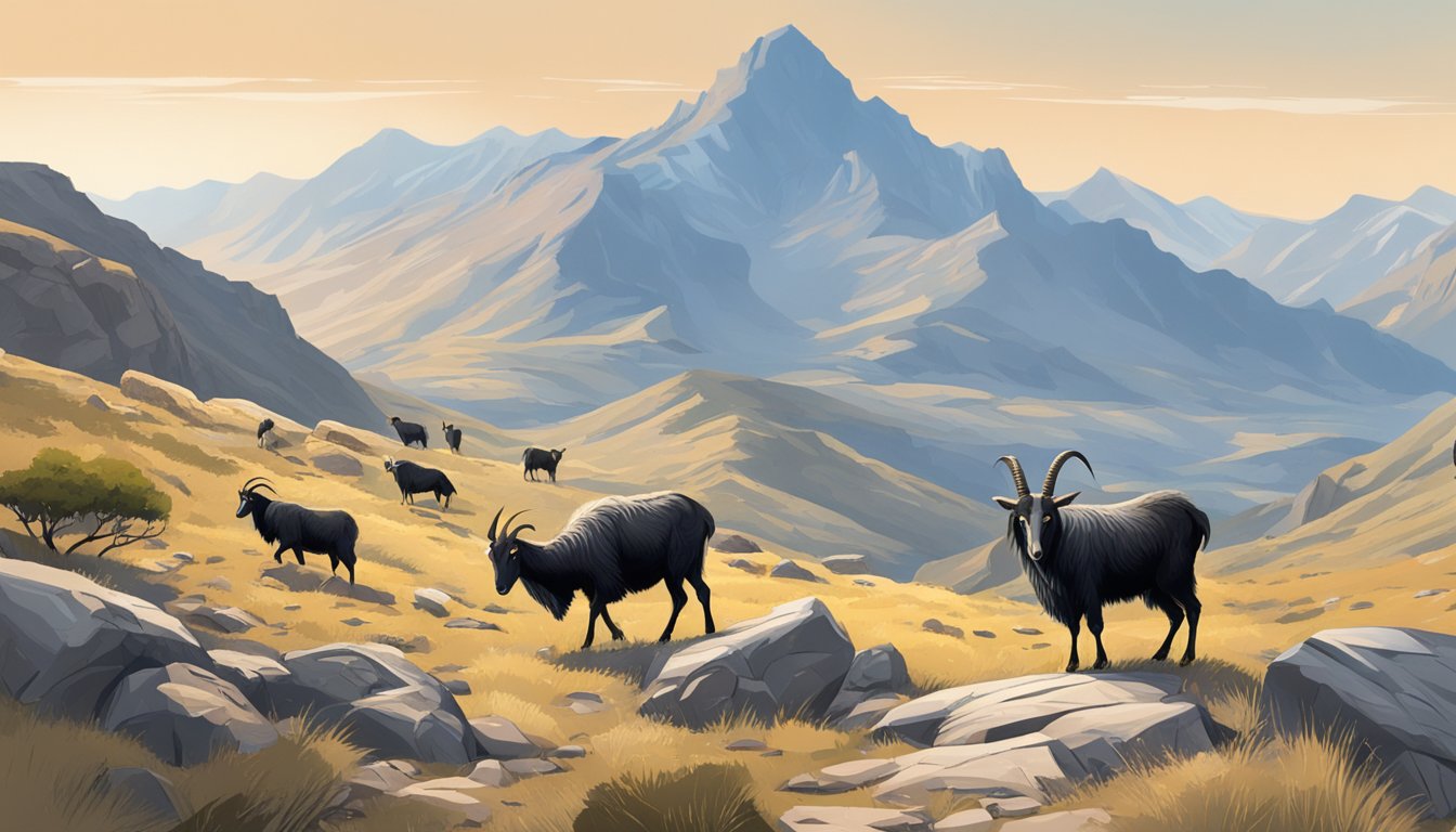 A rugged mountain landscape with clear skies and a group of feral goats grazing on the rocky terrain