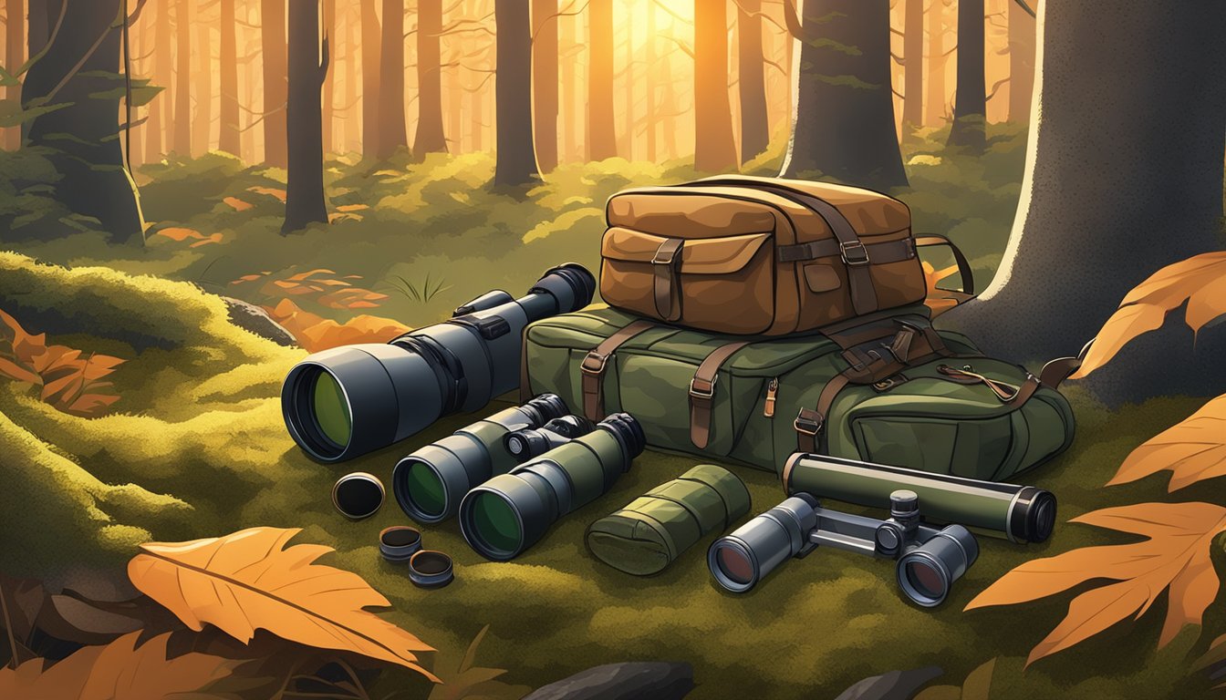 A hunter's backpack, rifle, camouflage clothing, and binoculars laid out on a mossy forest floor. The sun sets behind the trees, casting a warm orange glow