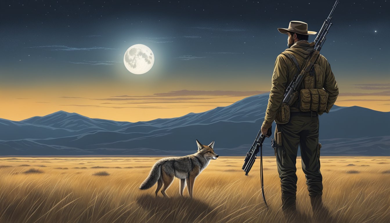 A lone coyote hunter surveys the open plains under a clear, moonlit sky, ready to employ stealth and patience in pursuit of their elusive prey