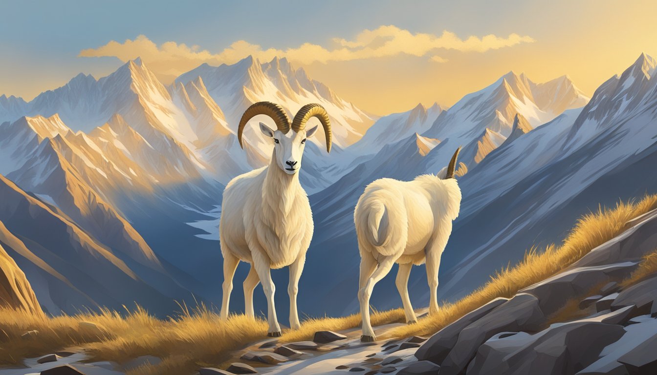 A lone Dall sheep traverses a rugged mountain ridge, flanked by jagged peaks and bathed in golden sunlight