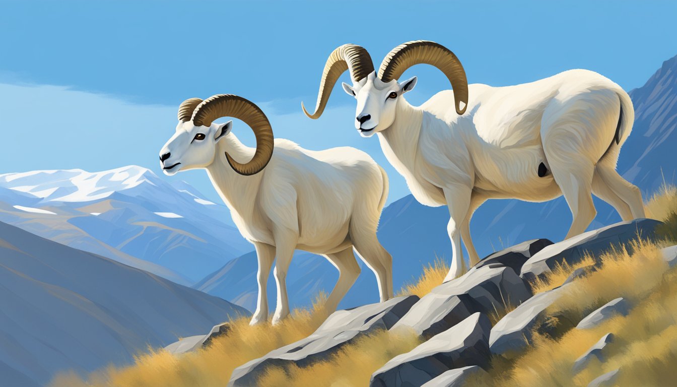 Clear blue sky, crisp mountain air, and a gentle breeze. Sunlight illuminates the rugged terrain as Dall sheep graze on the rocky slopes