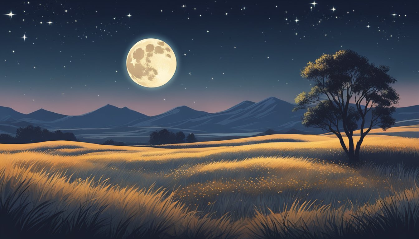 A moonlit prairie with a clear, starry sky, and a slight breeze