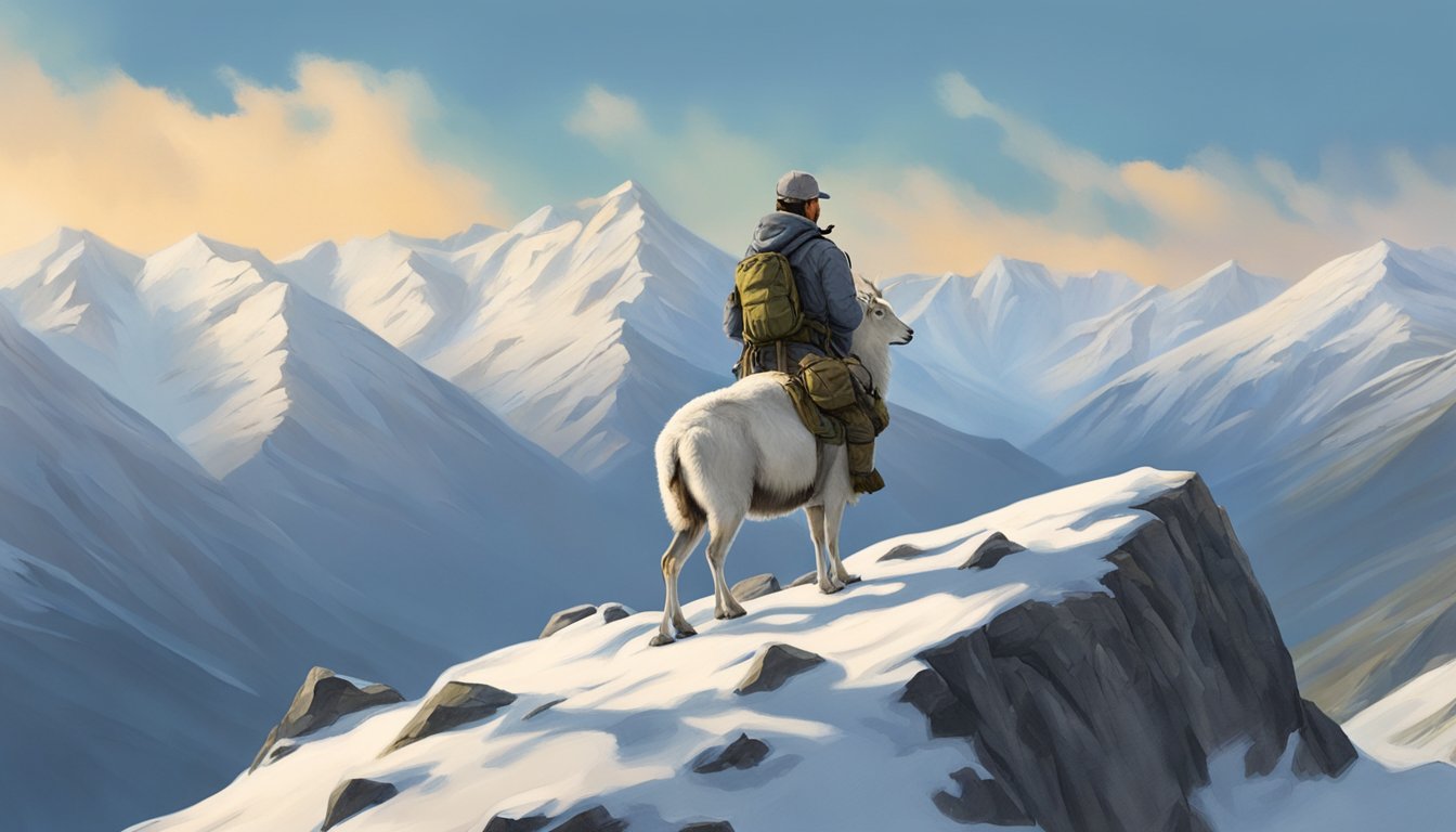 A lone hunter stands atop a rocky ridge, scanning the vast mountainous landscape for a glimpse of a Dall sheep. The sky is clear and the air is crisp, perfect conditions for a successful hunt