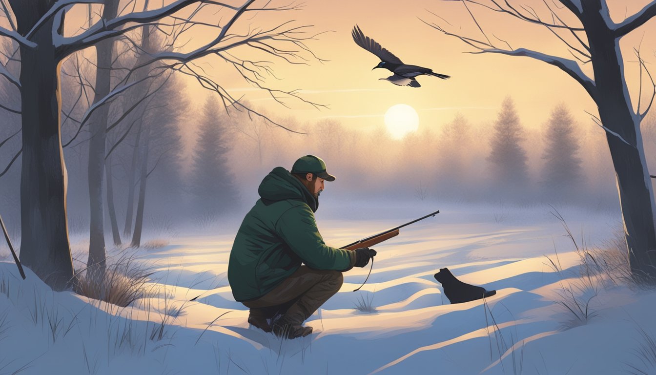 A hunter sets up decoys and calls in a snowy field at dusk