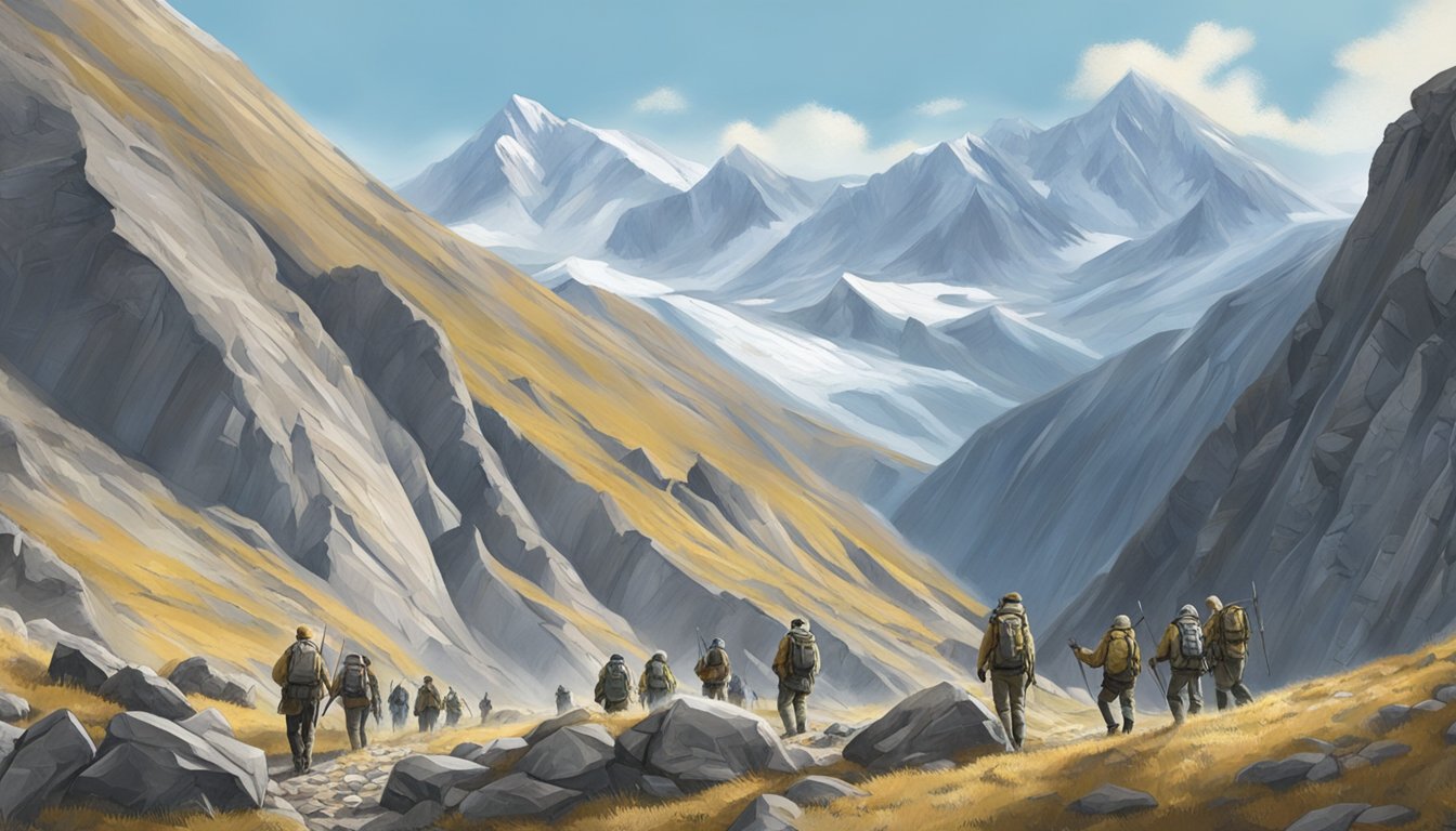 A rugged mountain landscape with clear skies, showcasing a group of hunters trekking through the rocky terrain in search of Dall sheep