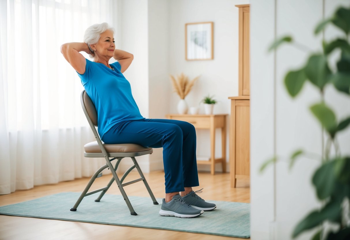 A senior person performing tricep dips on a sturdy chair in a well-lit room with a serene and peaceful atmosphere