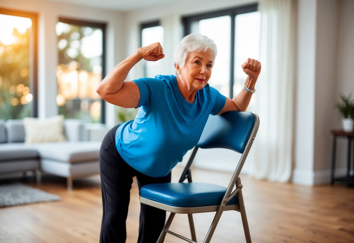 A senior using a sturdy chair to perform tricep dips at home, with proper form and focus on upper body strength