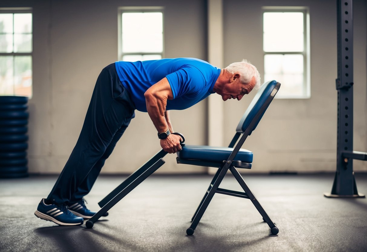 A senior performs tricep dips on a sturdy chair, with feet flat on the ground and hands gripping the edges. The tricep muscles are engaged as the body lowers and raises