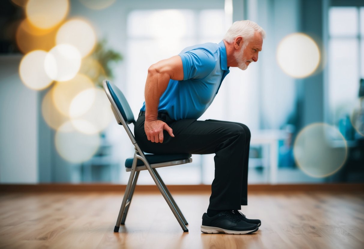 A senior performing tricep dips on a sturdy chair, with feet flat on the ground and arms bending at the elbows to lower the body