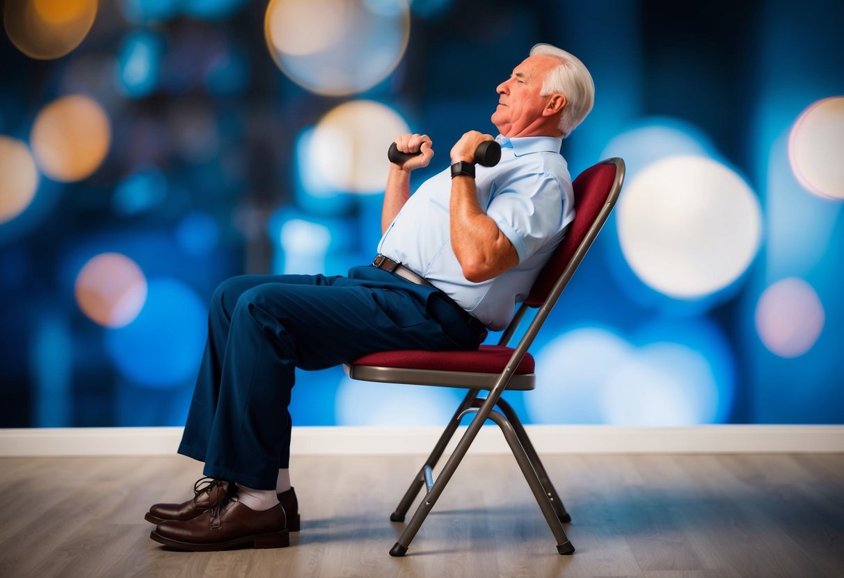 A senior performing tricep dips on a sturdy chair, with feet flat on the ground and hands gripping the edge, lowering and raising their body using arm strength