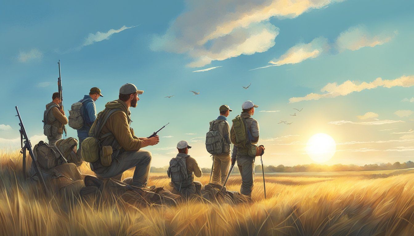 A clear blue sky with scattered clouds, a gentle breeze blowing through the fields, and the sun shining down on a group of hunters setting up their gear