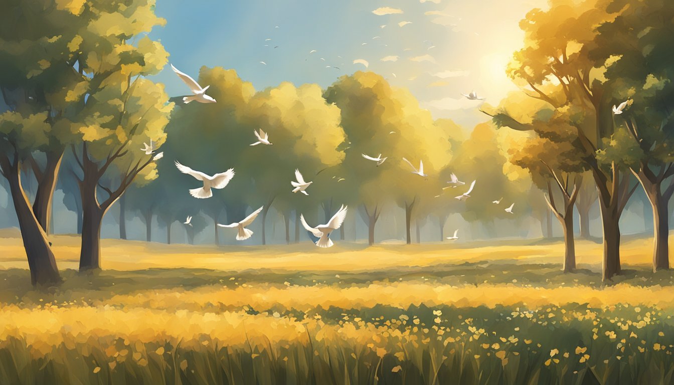 A group of doves flying over a sunlit field with scattered trees