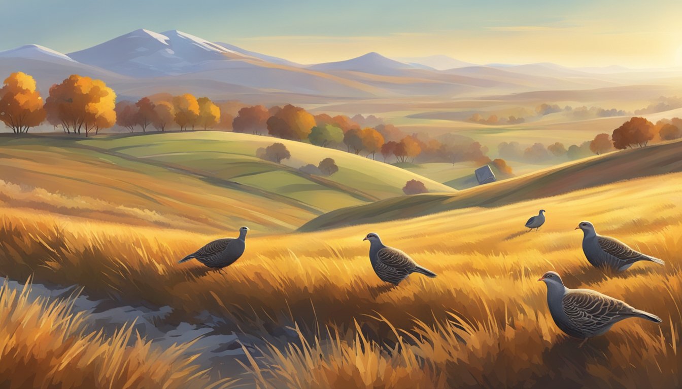 A sunny, crisp autumn morning in a vast open field with rolling hills and scattered shrubs, where a group of gray partridges are foraging for food