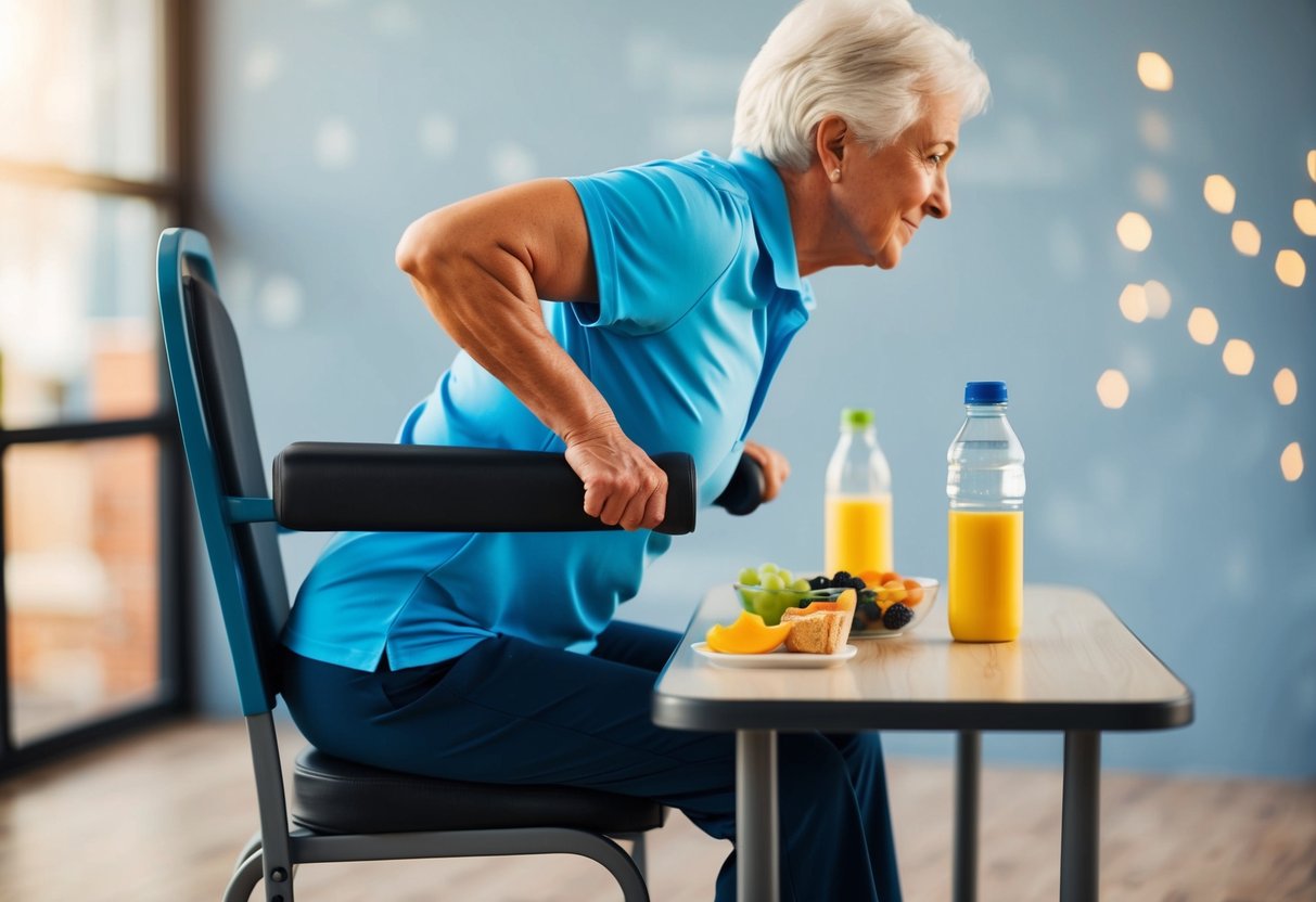 A senior person performing tricep dips on a sturdy chair, with a water bottle and healthy snacks nearby for hydration and post-exercise nutrition support