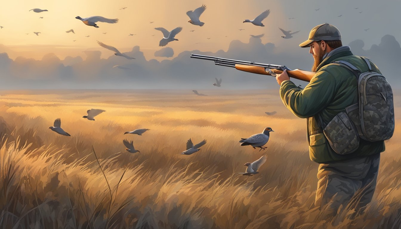 A hunter in camouflage waits in a field at dawn, shotgun in hand, as a covey of gray partridges takes flight